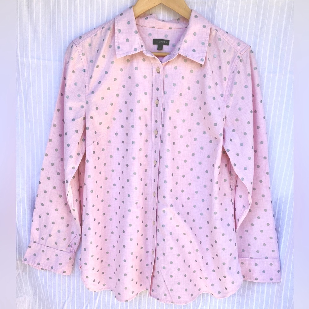 Talbots Pink Button-Down Shirt Polka Dot Preppy Literary Chic Rebellious Prep